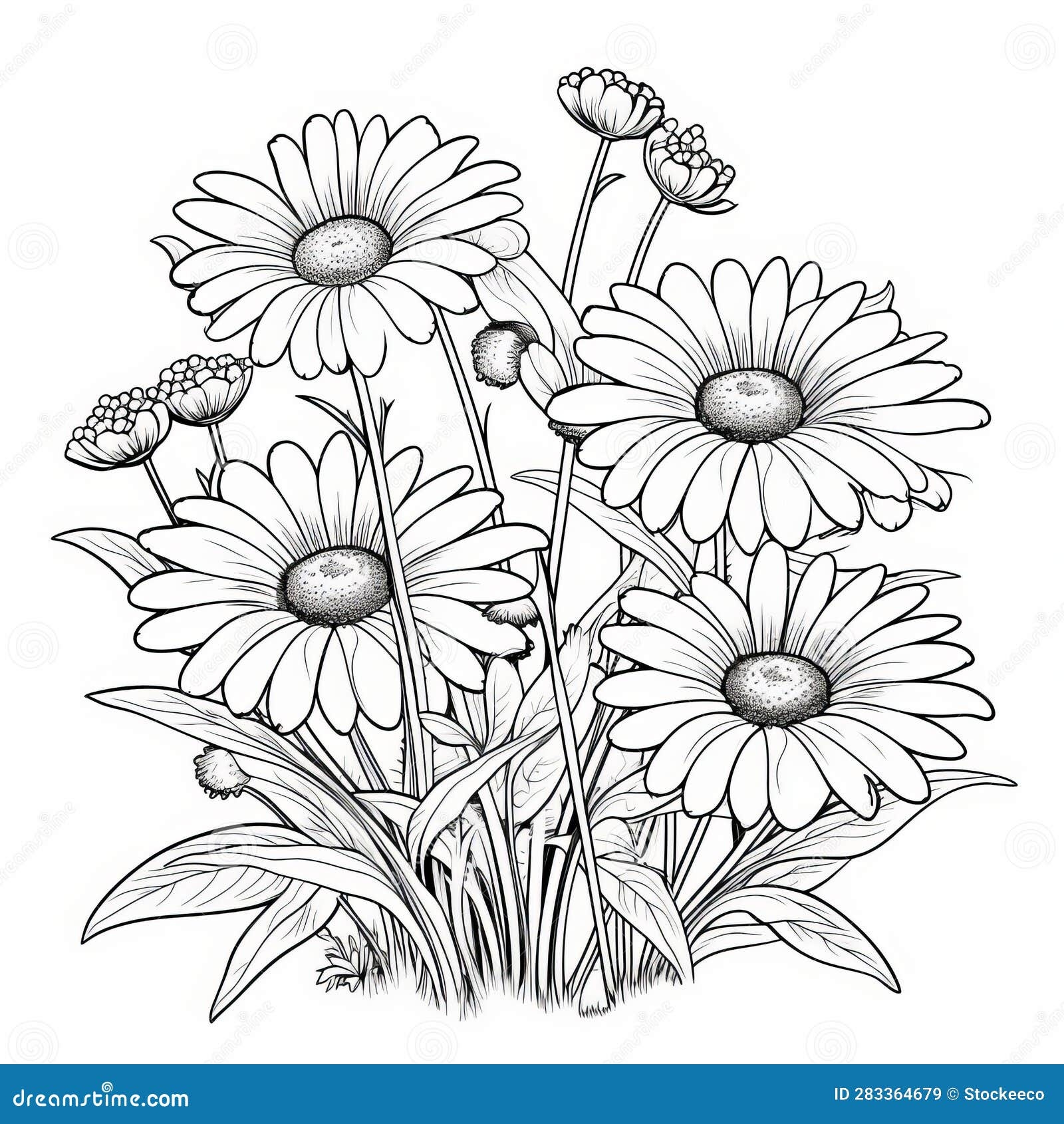 Daisy Garden Coloring Pages For Adults Black And White Drawings Stock Illustration Illustration Of Realistic Drawings 283364679
