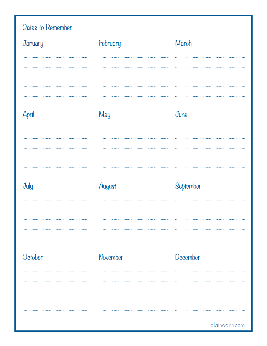 Dates To Remember Printable Alaina Ann