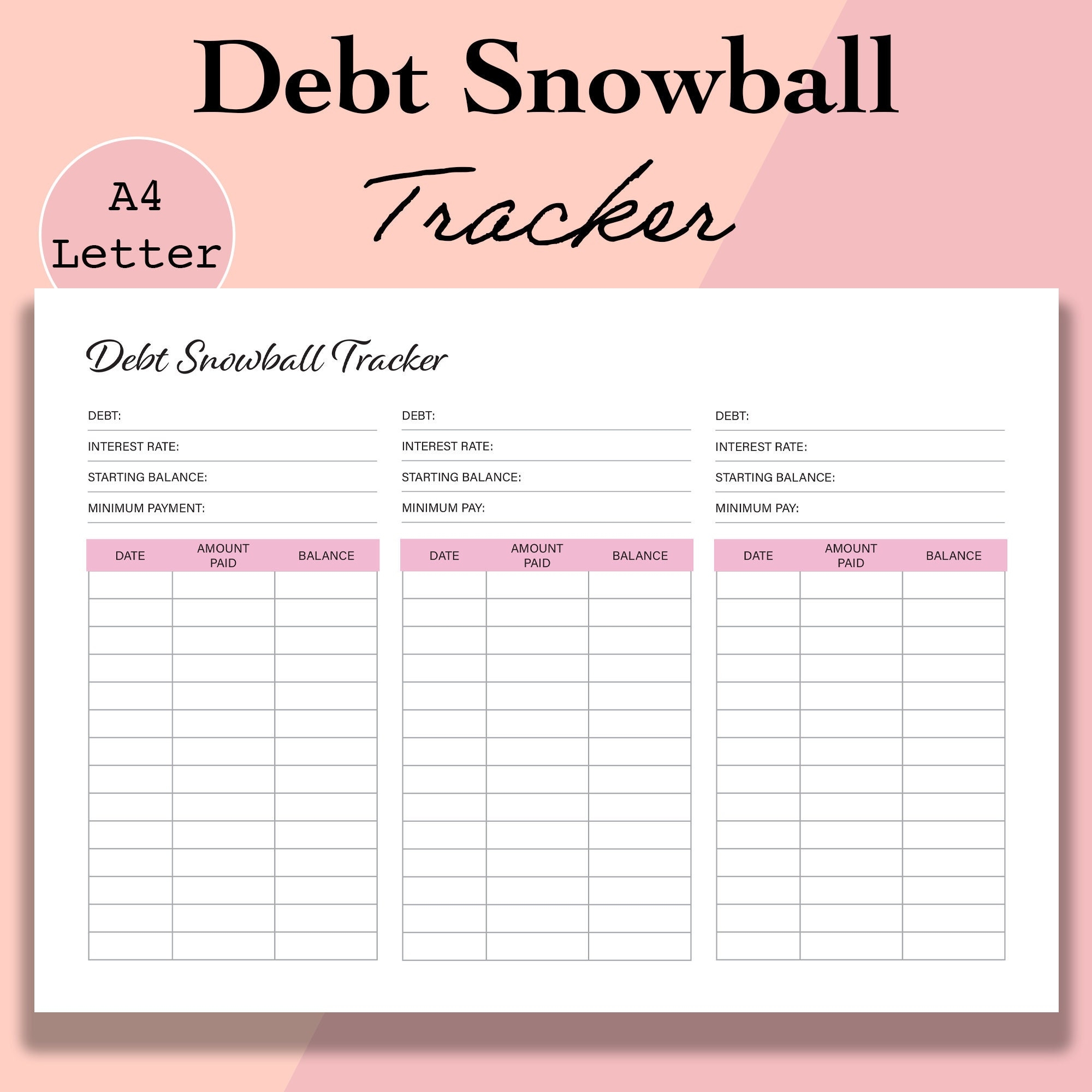 Debt Snowball Tracker Printable Debt Free Chart Debt Payoff Worksheet Debt Payment Debt Progress Journal A4 Letter Digital Download Etsy