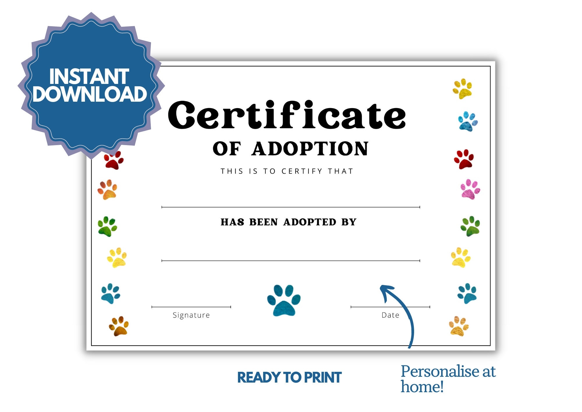 Dog Adoption Certificate Instant Download Printable Pet Adoption Certificate Custom Certificate Template For Dogs And Cats Etsy