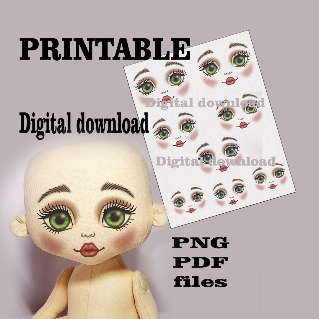 Doll Face Printable For Iron on Transfer Doll Eyes Clipart Digital Collage Sheet PNG PDF Etsy