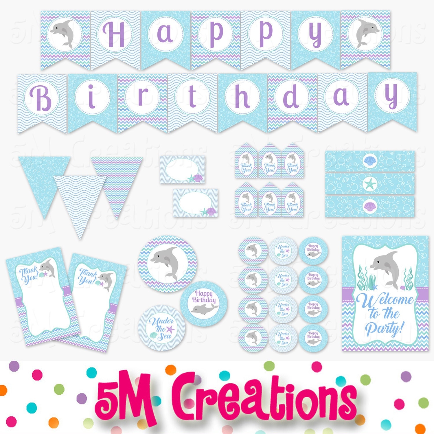 Dolphin Birthday Party Decorations Dolphin Printable Party Decor Package Under The Sea Banner Cupcake Topper Sign INSTANT DOWNLOAD DIY Etsy