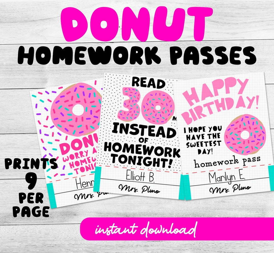 Donut Theme Printable Homework Passes DIGITAL DOWNLOAD Etsy
