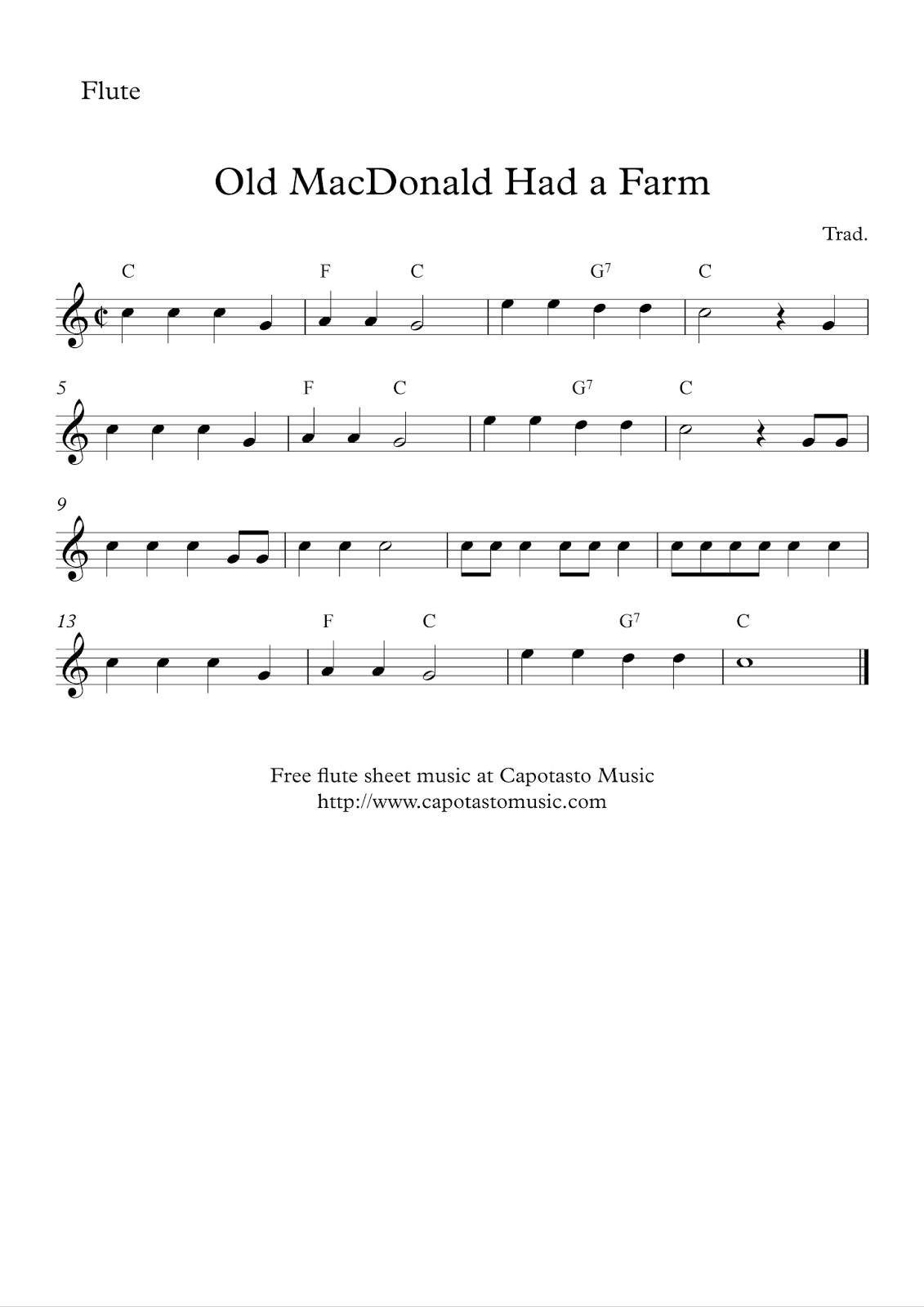 Easy Sheet Music For Beginners Free Easy Flute Sheet Music Score Old MacDonald Had A Farm