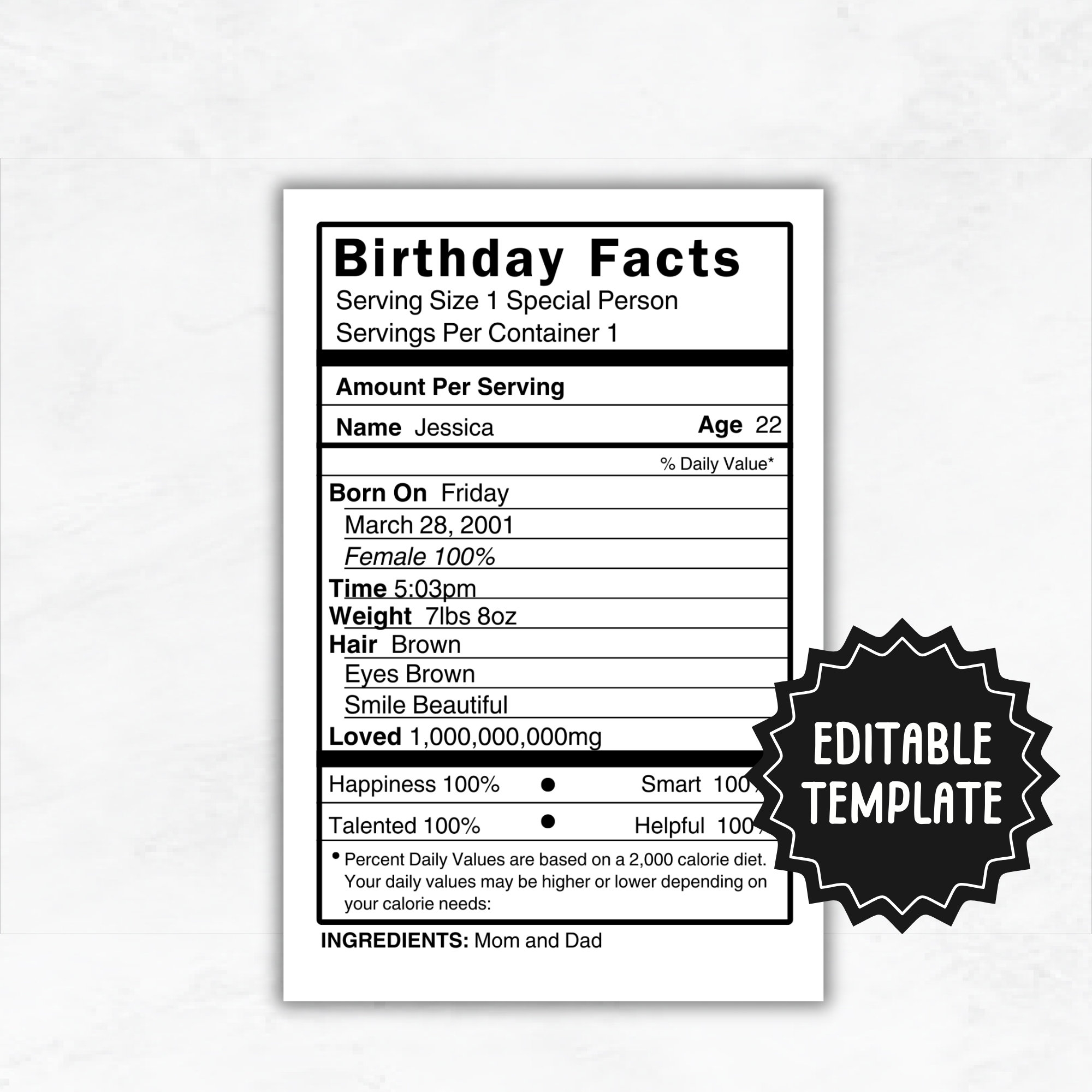 Editable Birthday Nutrition Nutrition Facts Nutrition Label Template Birthday Candy Or Chip Bag Birthday Nutrition Fact Etsy