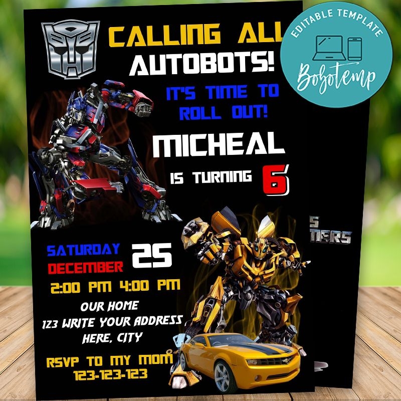 Editable Calling All Autobots Transformers Birthday Invitation Bobotemp