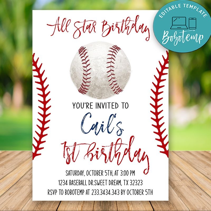 Editable First Baseball Birthday Invitations For Boy DIY Bobotemp