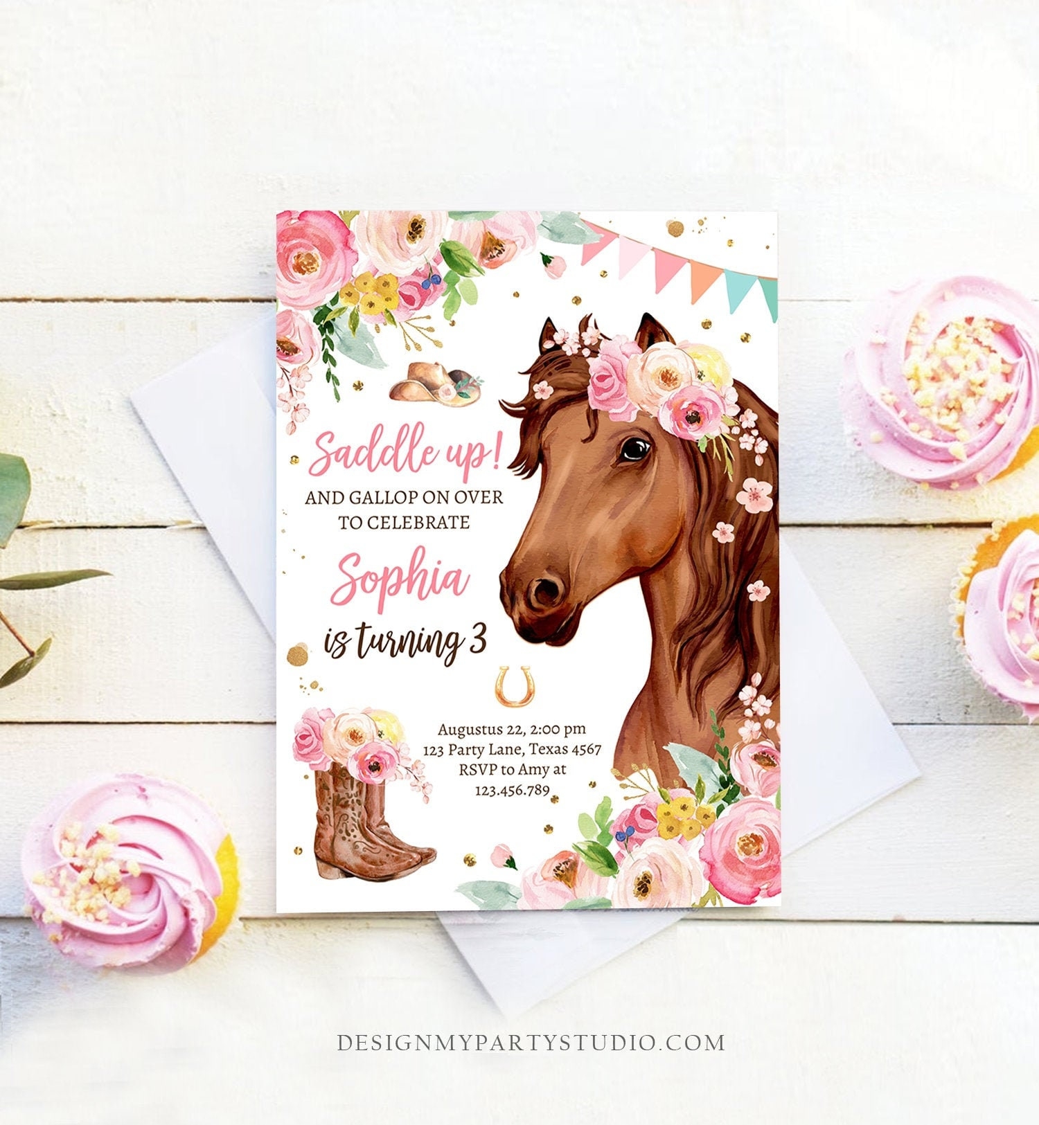 Editable Horse Birthday Invitation Girl Saddle Up Watercolor Cowgirl Party Horse Invite Pink Floral Download Printable Template Corjl 0408 Etsy