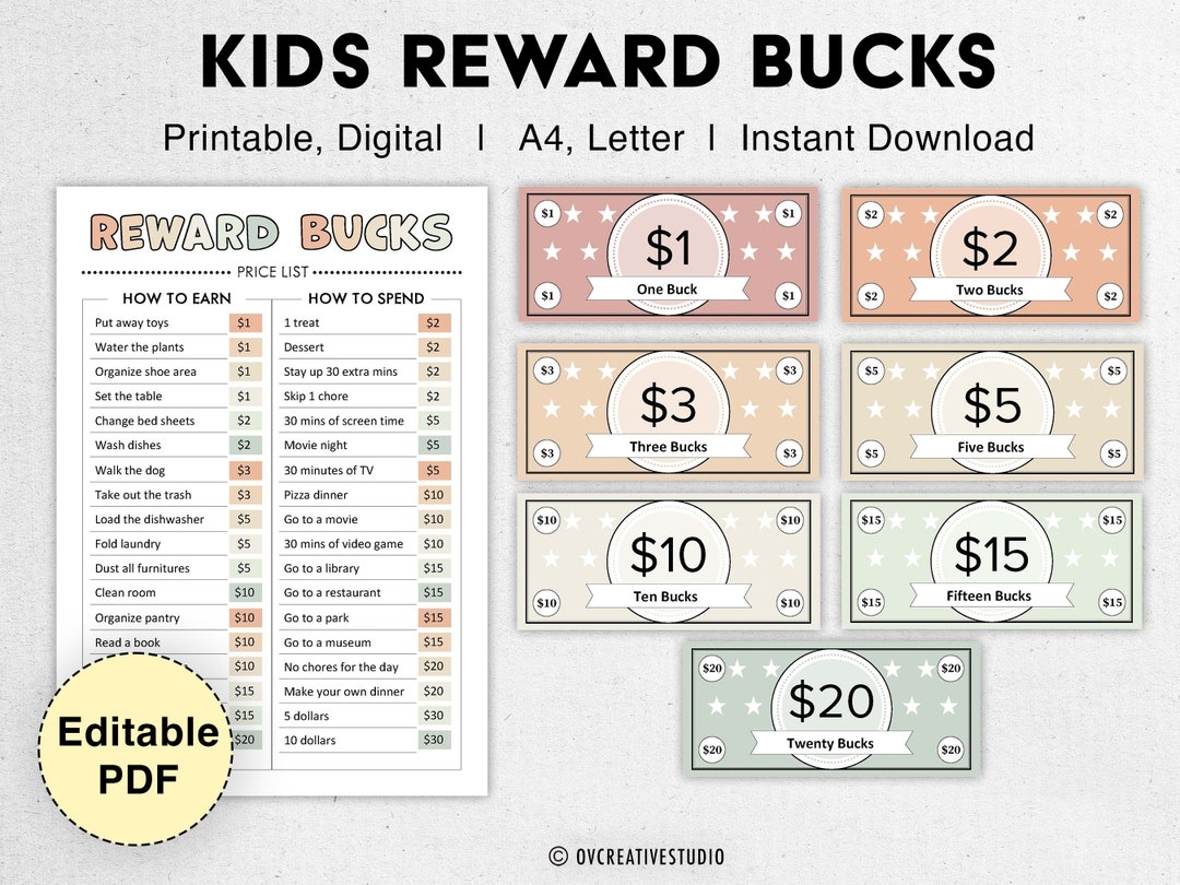 Editable Kids Reward Bucks Printable Mom Bucks PDF Reward System For Kids Chore Bucks Good Behavior Bucks Play Money Pretend Money Etsy