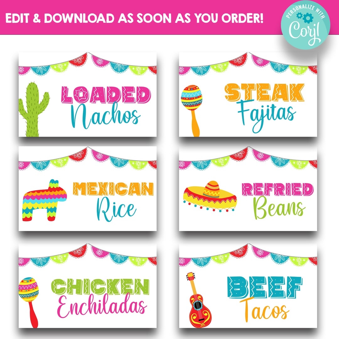 EDITABLE Mexican Dinner Food Signs Mexican Fiesta Food Label Tents Mexican Dinner Place Cards Printable Mexican Food Labels Etsy