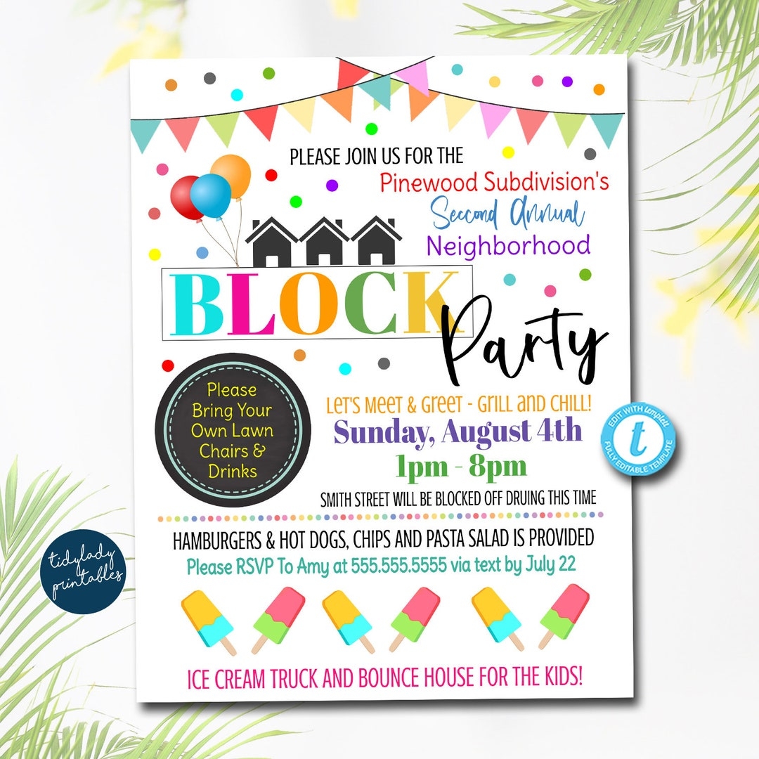 EDITABLE Neighborhood Block Party Invite Printable Invitation Bbq Picnic Summer Party Announcement Card Digital Flyer INSTANT DOWNLOAD Etsy