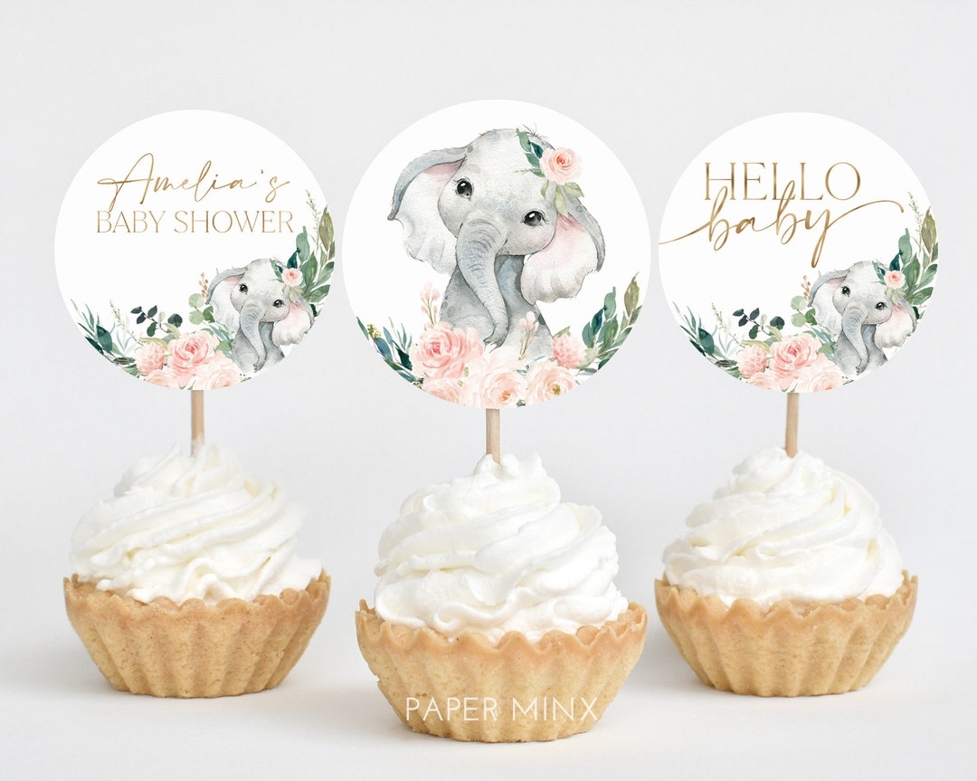 Elephant Cupcake Toppers Girl Baby Shower Cupcake Toppers Printable Pink Floral Baby Shower Cupcake Topper Editable Cupcake Toppers Baby Etsy
