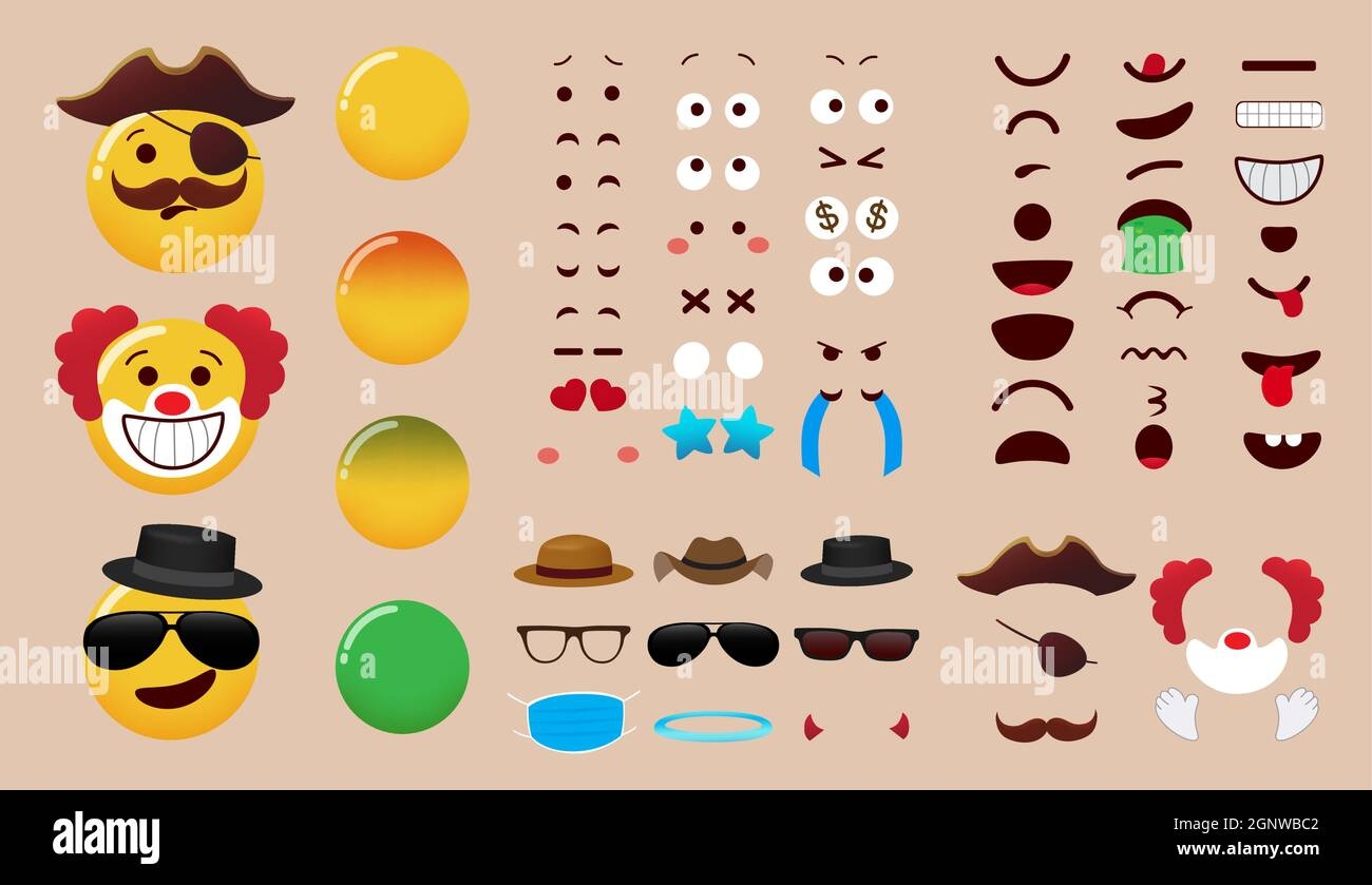 Emoji Creator Vector Set Design Smiley Emoticon Character Kit With Eyes Mouth And Costume Editable Elements For Emojis Face Expression Parts Stock Vector Image Art Alamy