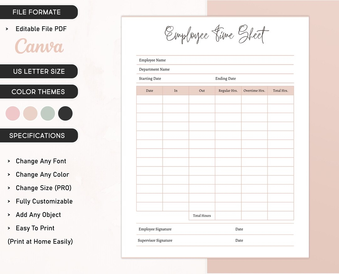 Employee Time Sheet Editable Canva Digital Template Printable Time Card Work Schedule Tracker Work Log Employee Timekeeping Sheet Etsy