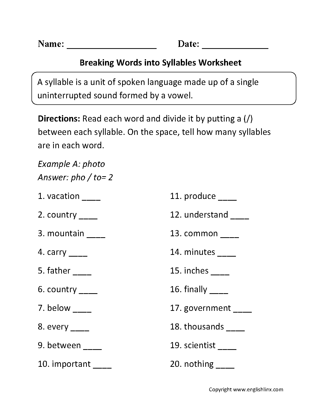 Englishlinx Syllables Worksheets