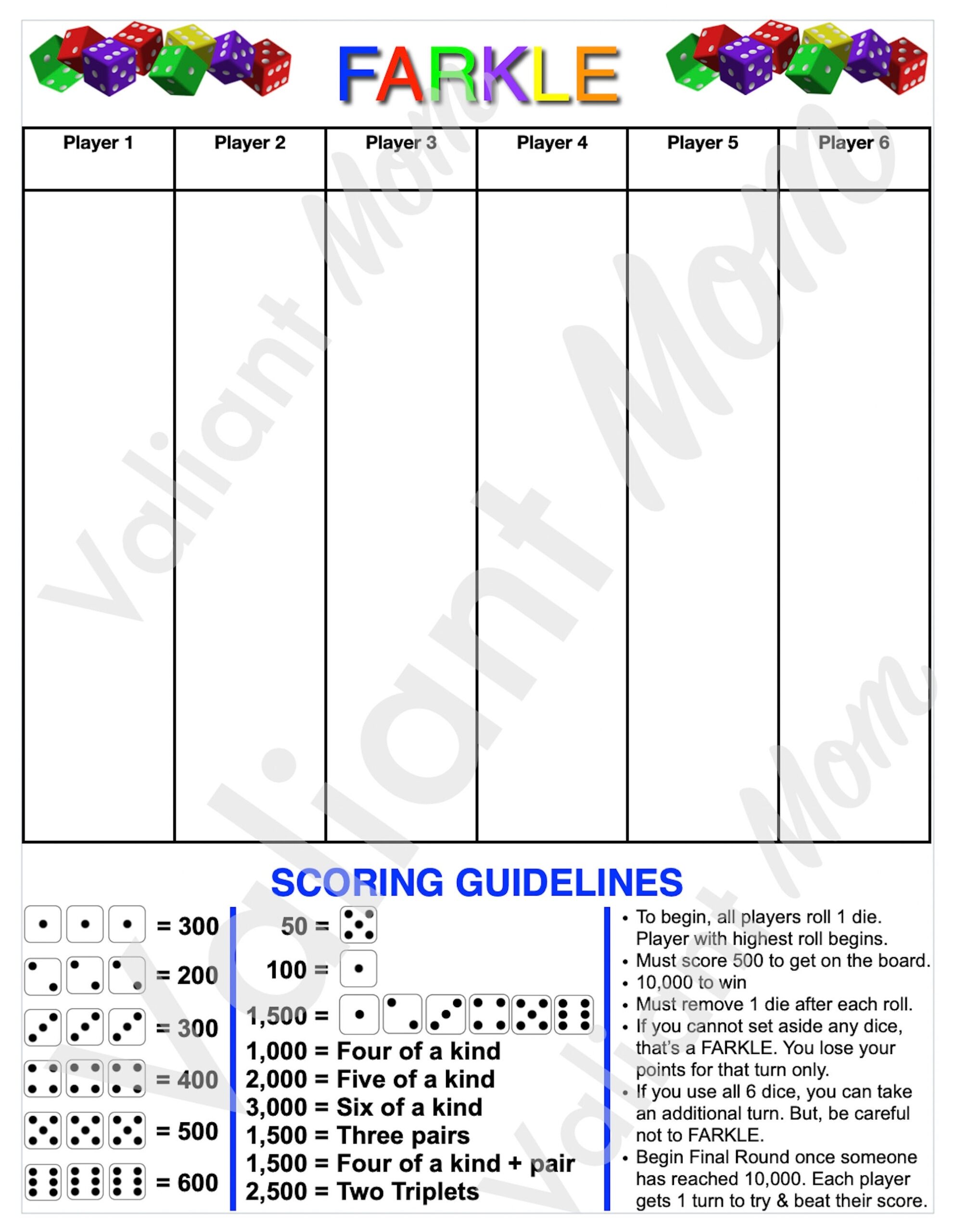 Farkle Score Card sheet Printable digital Download Etsy