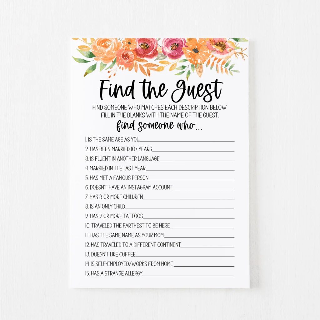 Find The Guest Bridal Shower Game Free Printable Modern MOH