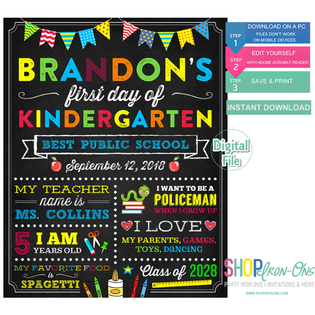 First Day Of Kindergarten School Chalkboard Sign Reusable Printable Editable PDF