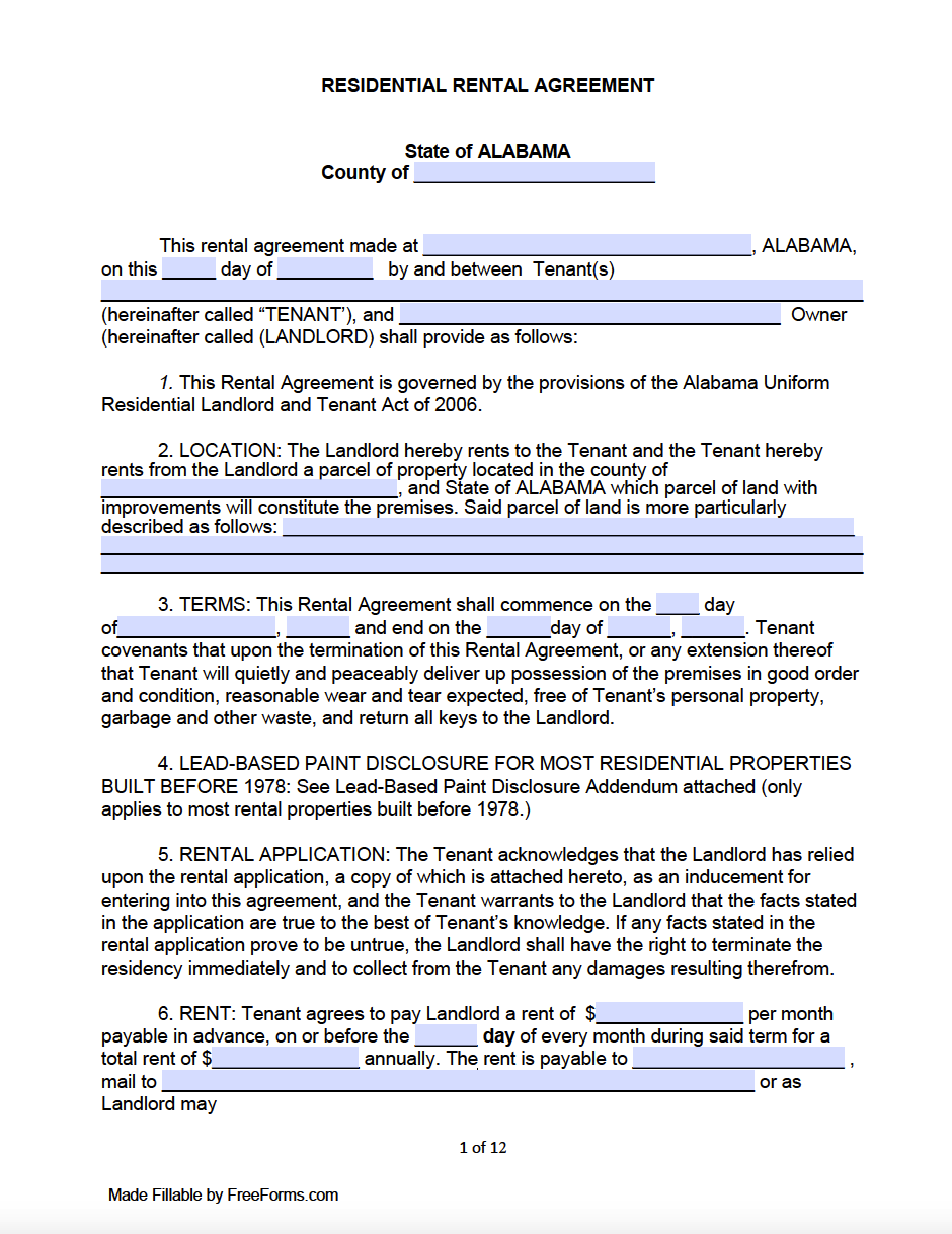 Free Alabama Standard Residential Lease Agreement Template PDF