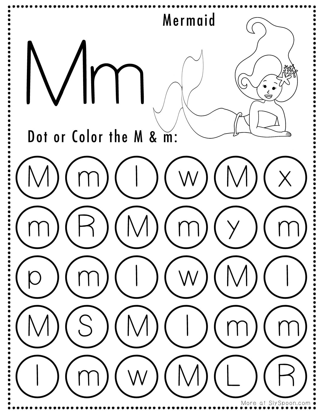 Free Alphabet Do A Dot Printables Worksheets Letter M Mermaid Themed Sly SpoonSly Spoon