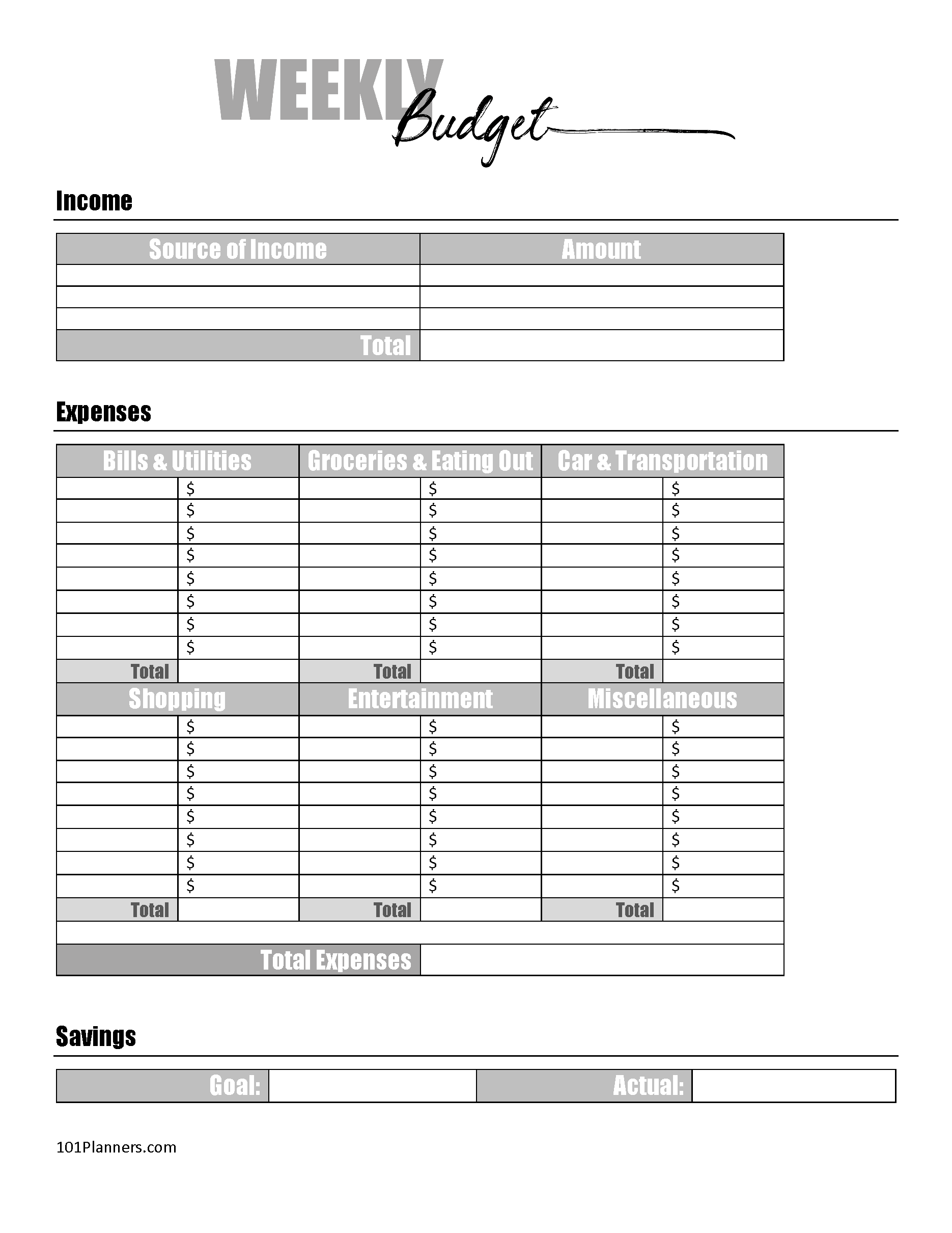 Free Printable Weekly Budget Forms