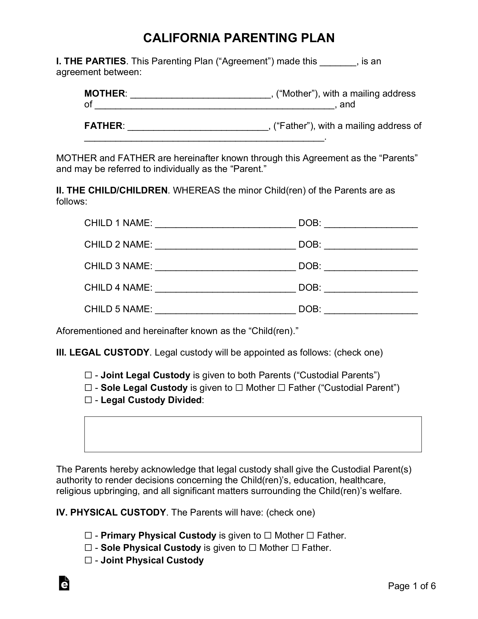 Free California Custody Parenting Plan PDF Word EForms