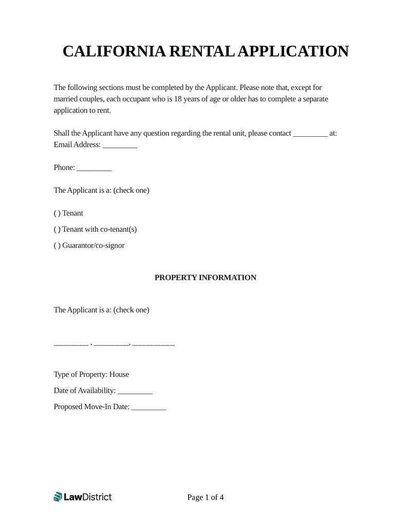 Free California Rental Application Template Sample LawDistrict