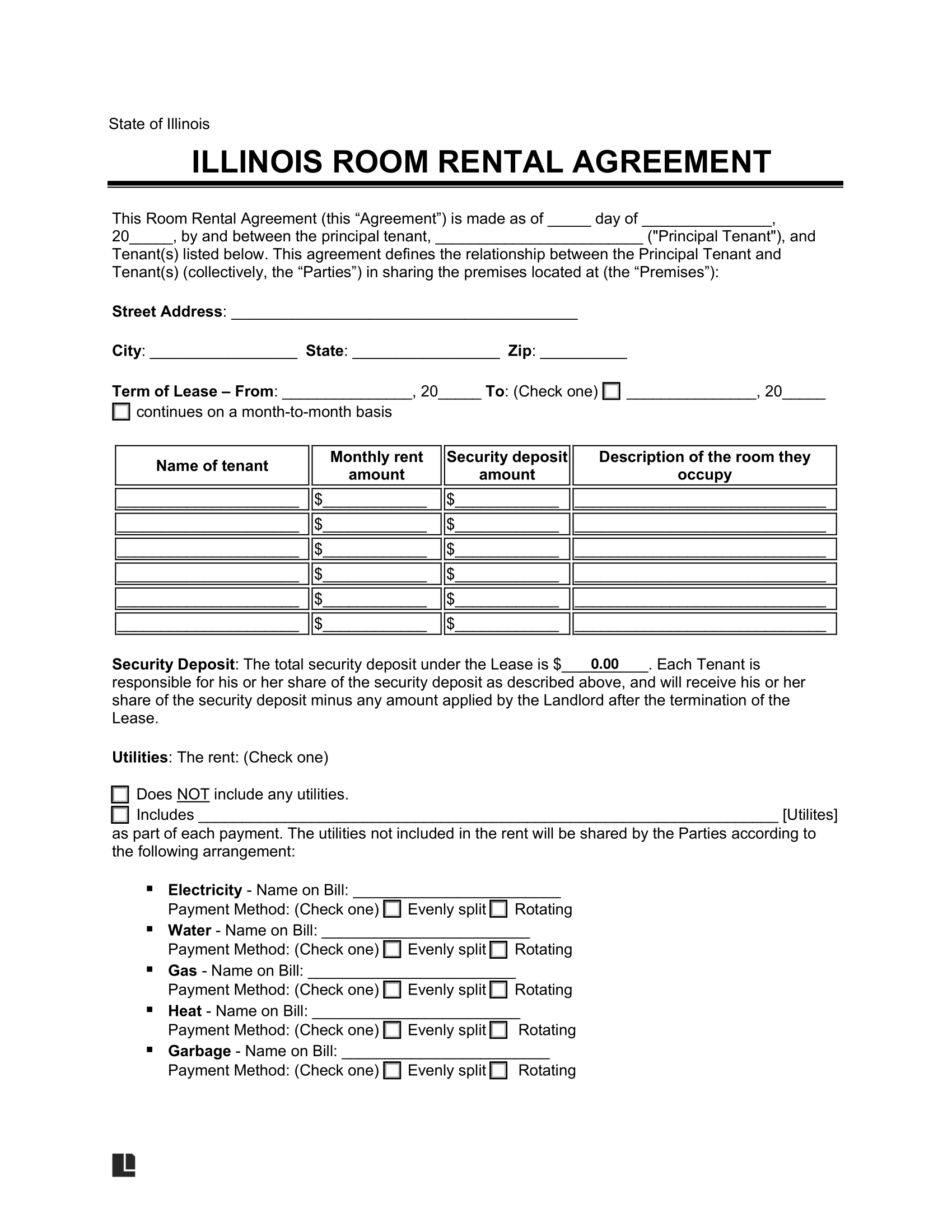 Free Illinois Room Rental Agreement Template PDF Word