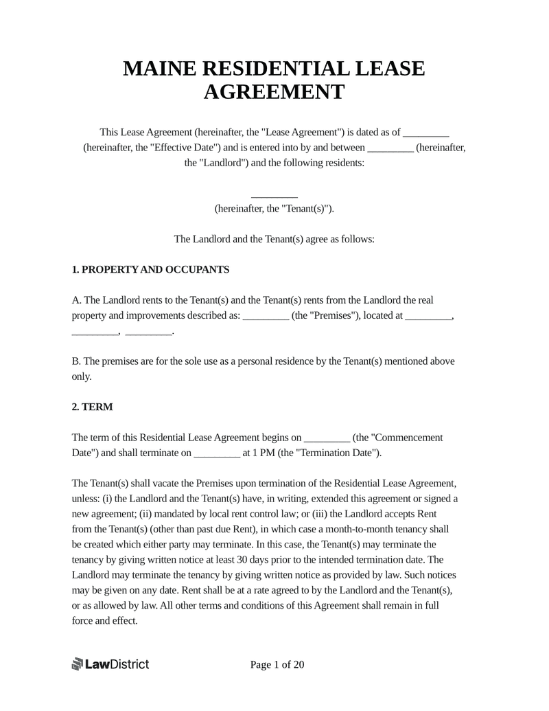 Free Maine Residential Lease Agreement Form LawDistrict
