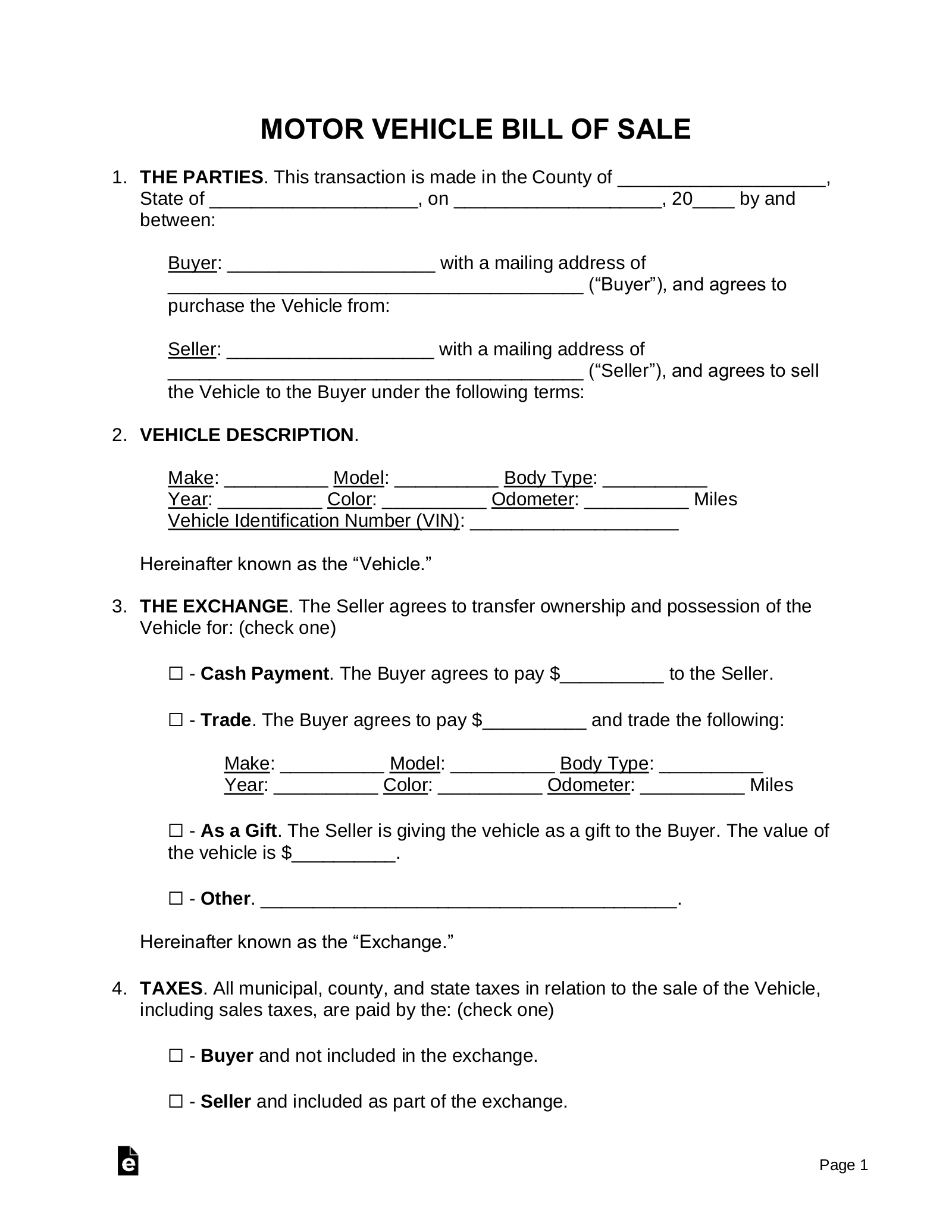 Printable Bill Of Sale Free