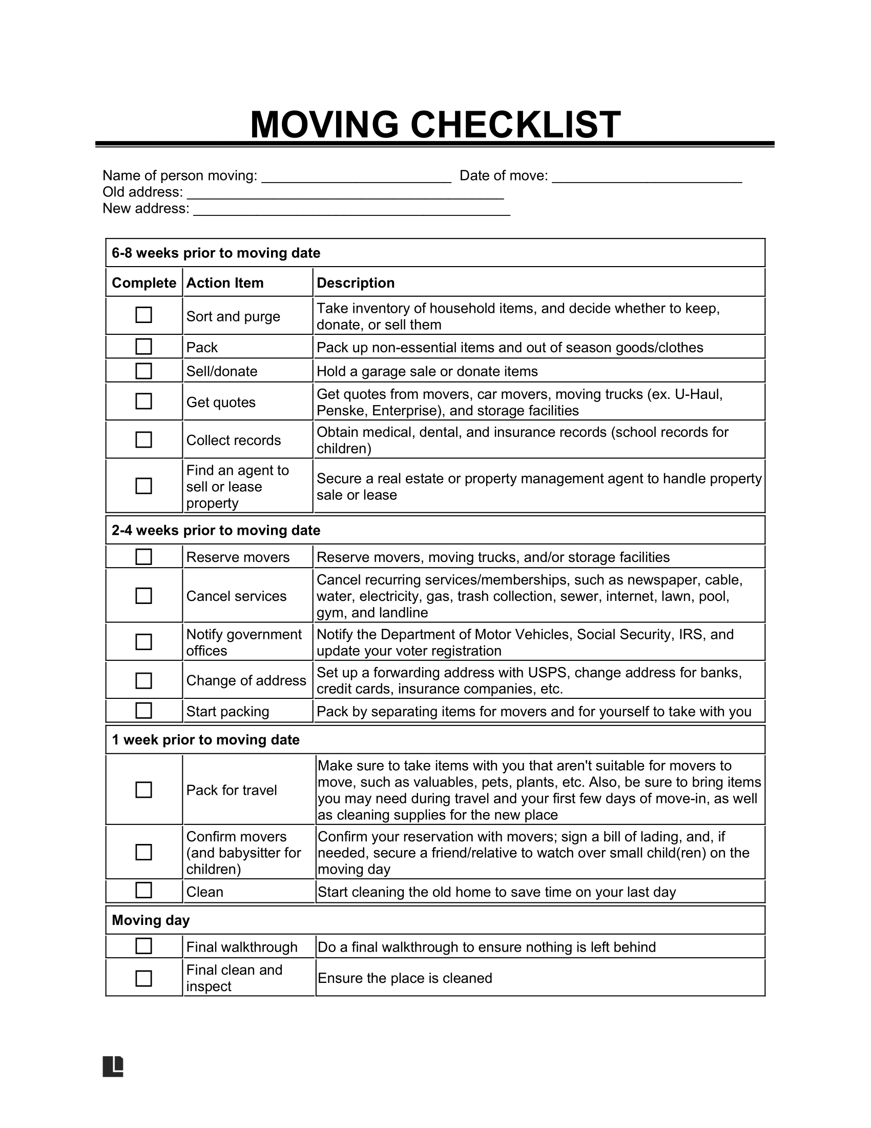 Free Moving Checklist Template PDF Word