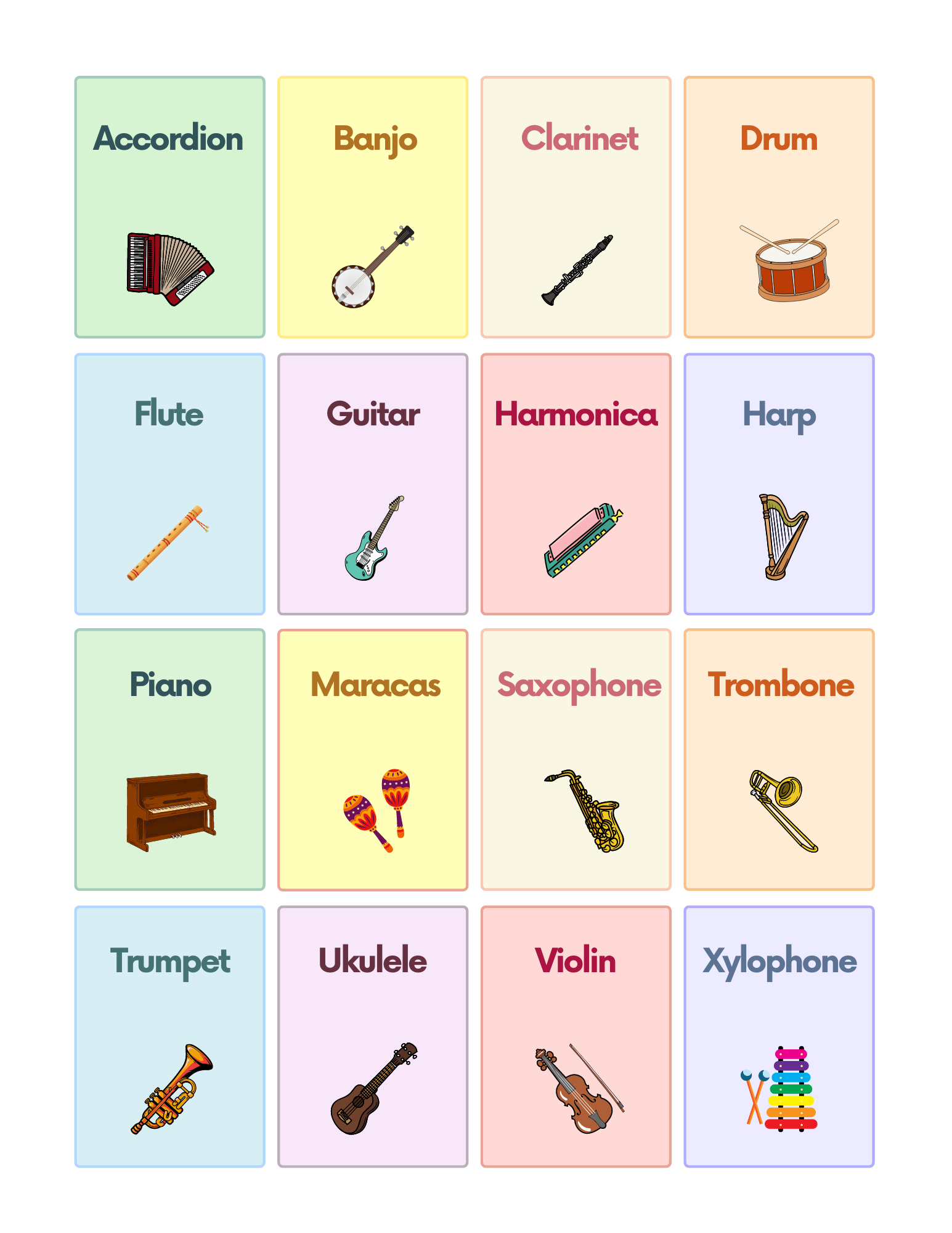 Free Musical Instrument Flashcards For Autism And Speech Therapy AutisticHub