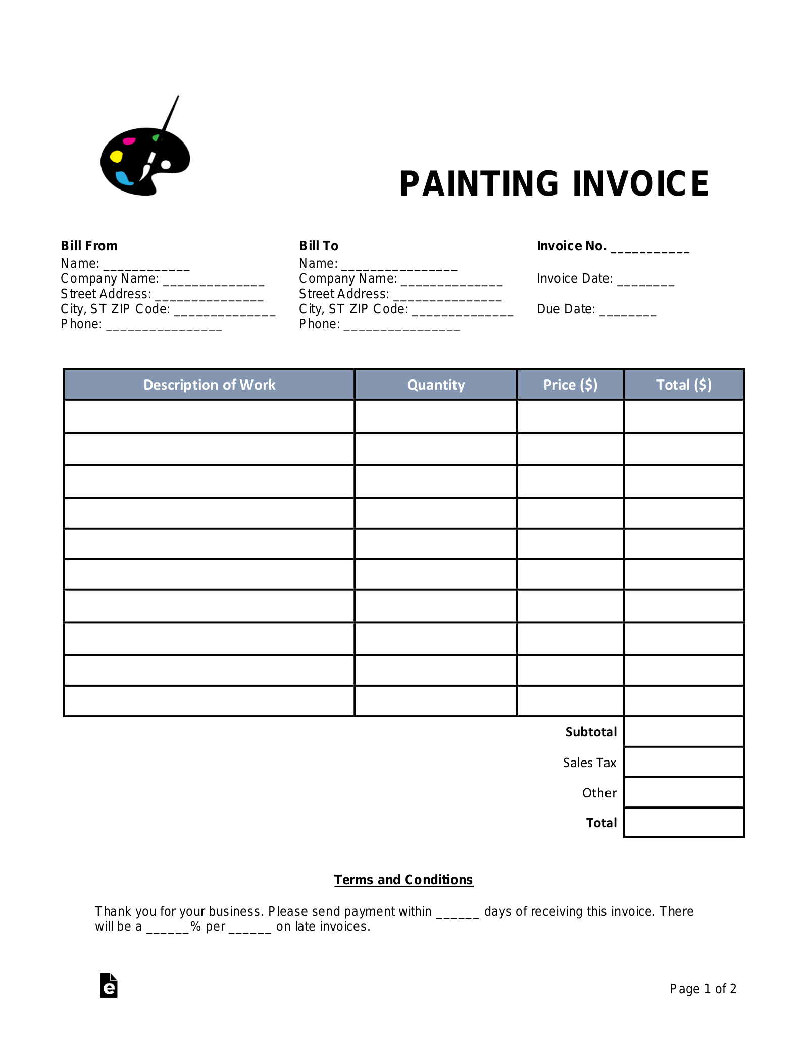 Free Painting Invoice Template PDF Word EForms