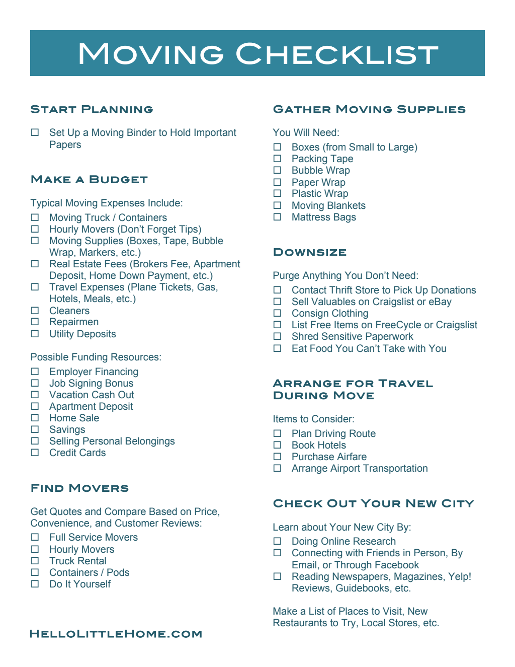 Free printable moving checklist pdf
