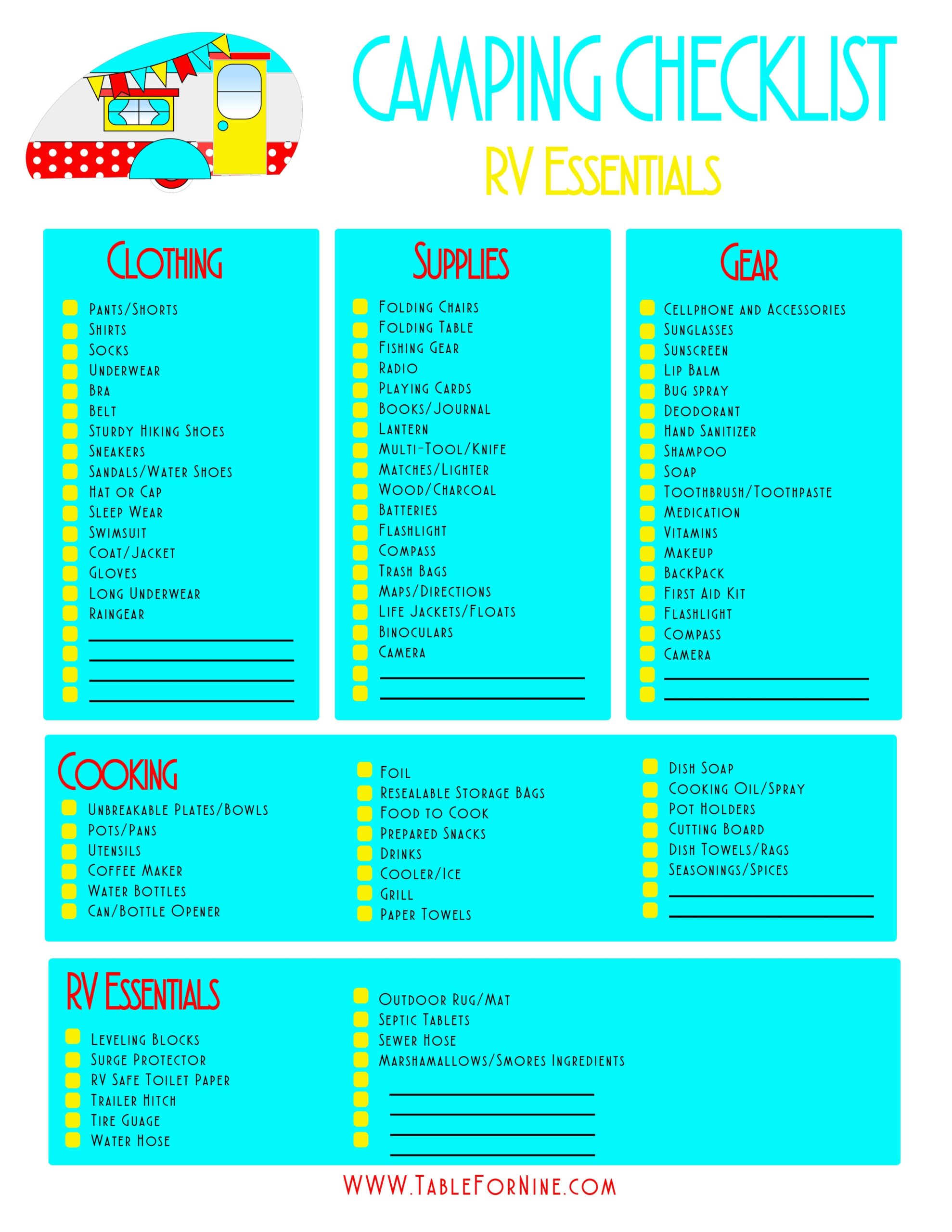 Free Printable Rv Camping Checklist