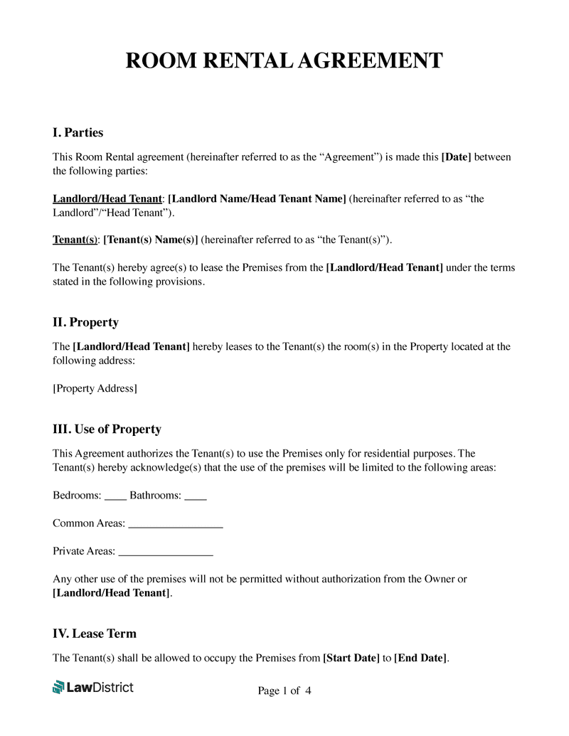 Free Room Rental Agreement PDF Template Word LawDistrict