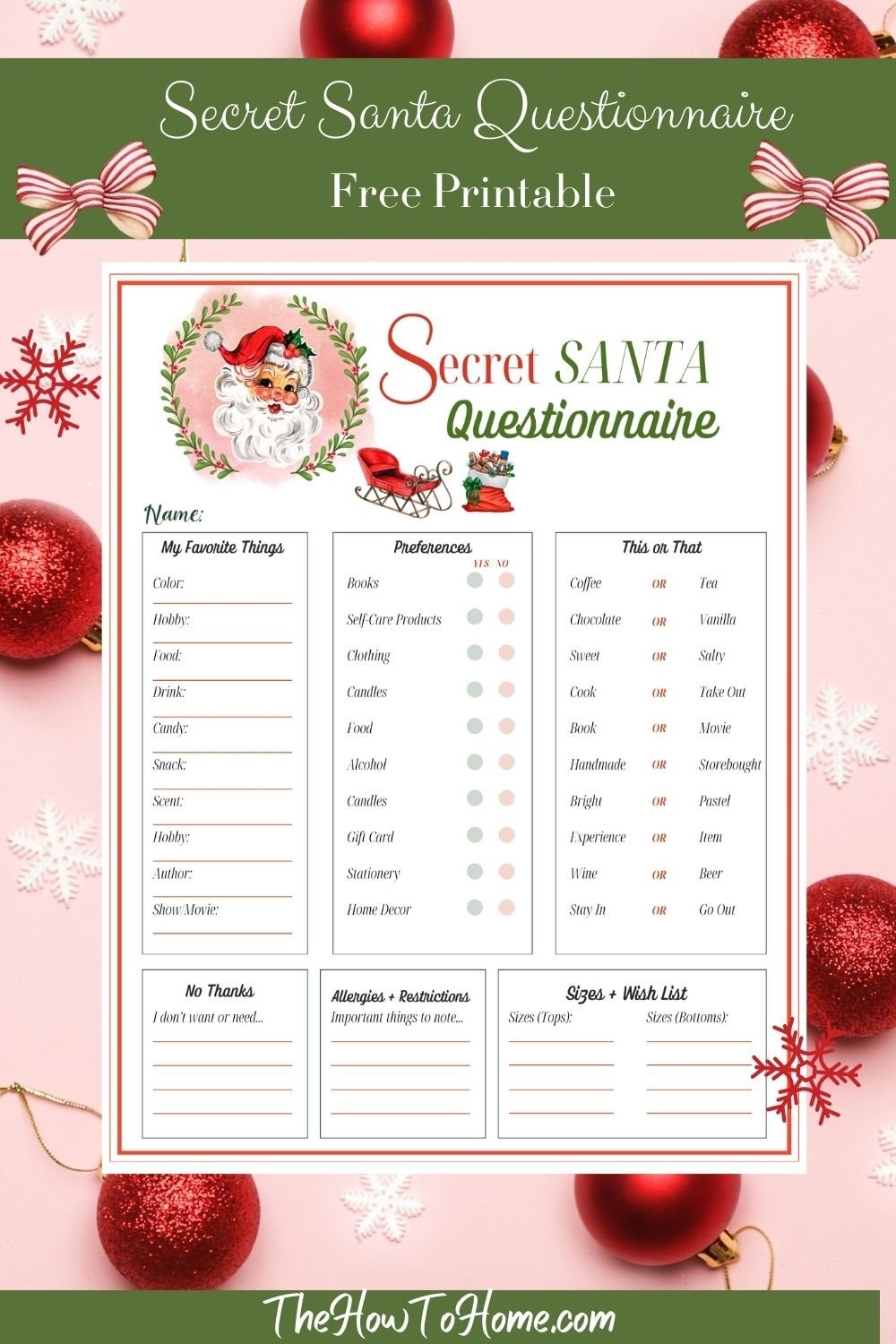 Free Secret Santa Questionnaire Printable Instant Download The How To Home