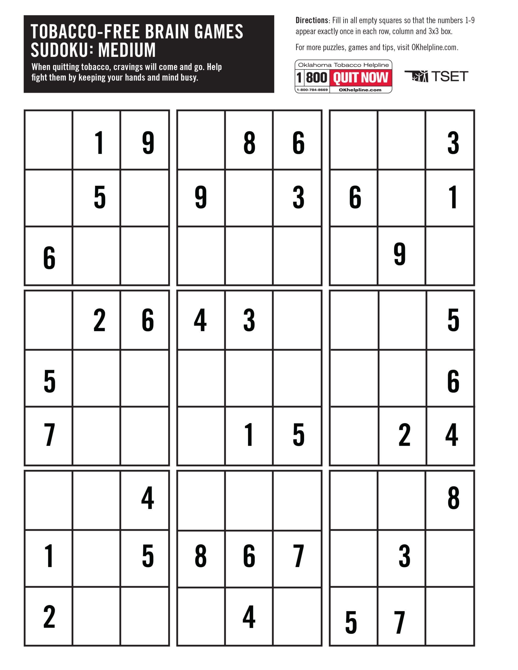 Free Sudoku Puzzles Printable Oklahoma Tobacco Helpline