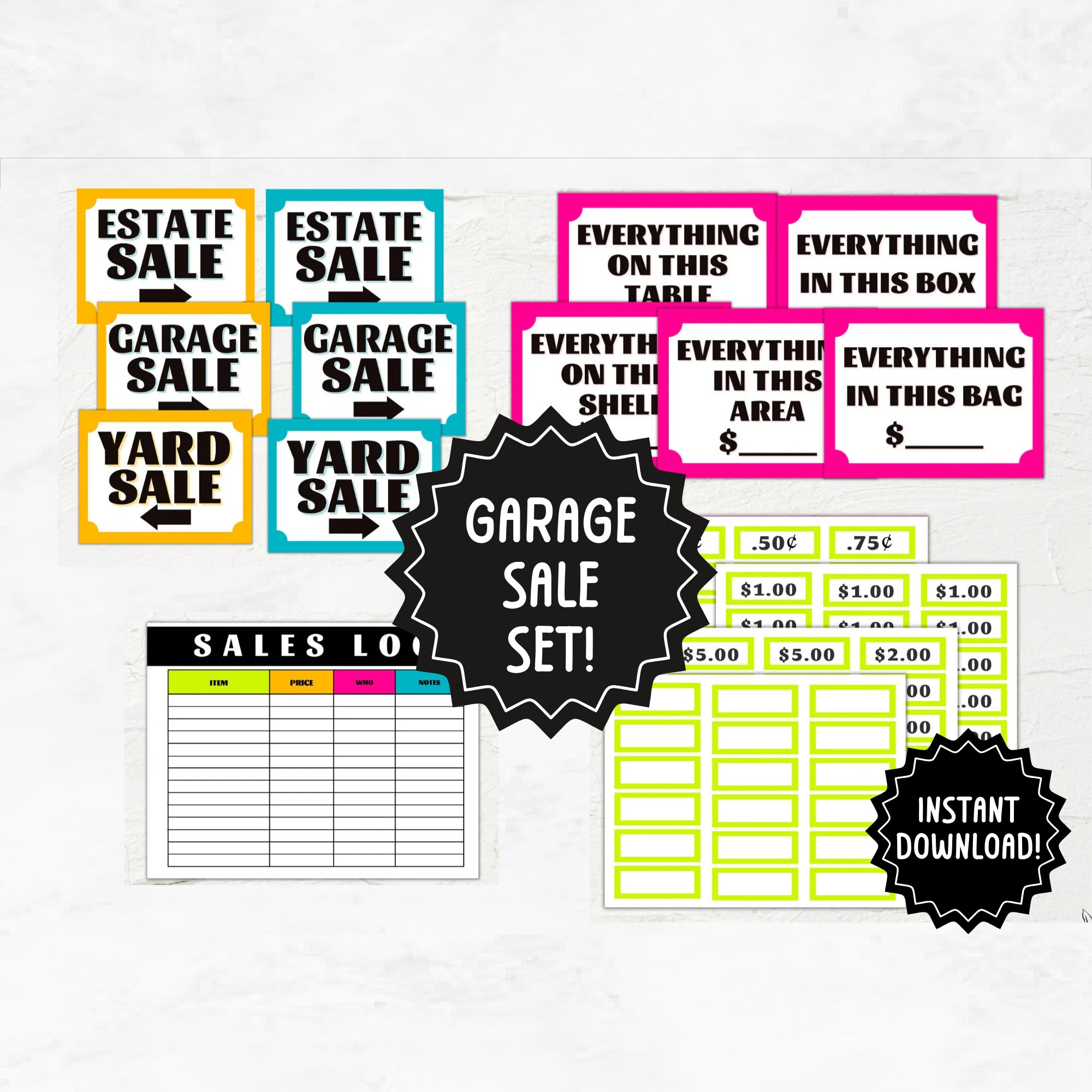 Garage Sale Kit Printable Yard Sale Signs Pricing Labels Purchase Logs Table Signs Garage Sale Signs Etsy