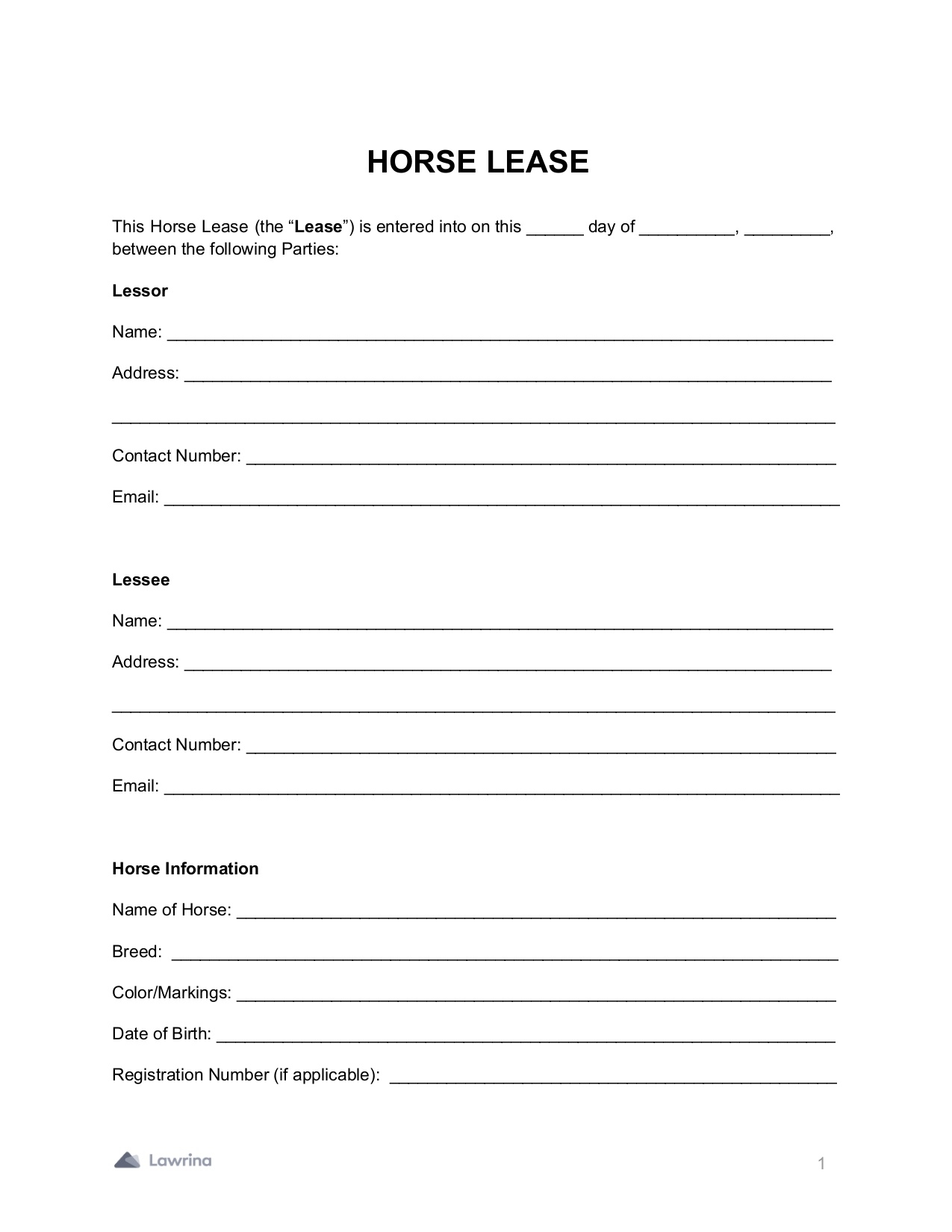 Get A Free Legally Binding Horse Lease Form PDF Lawrina