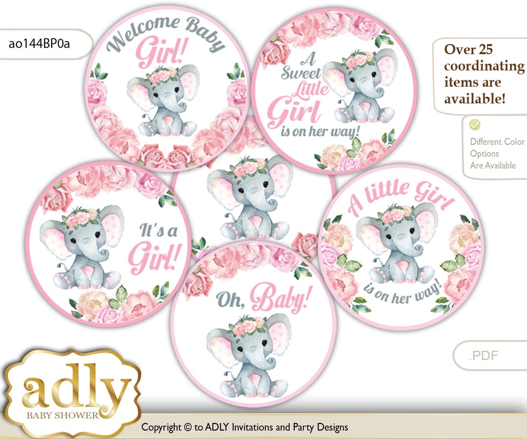Girl Elephant Cupcake Toppers For Baby Shower Printable DIY Favor Tags Circles It s A Girl Rose Ao144bp0a Etsy