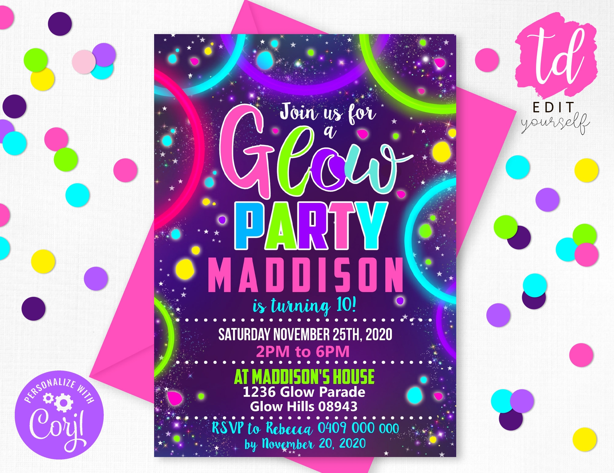 GLOW PARTY INVITATION Glow Invitation Neon Glow Party Invitation Glow Birthday Invitation Editable Corjl Glow In The Dark Invite Neon Party Etsy