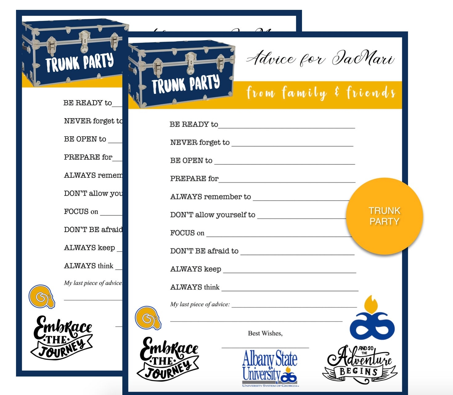 Graduation Trunk Party Advice Cards Advice Download Trunk Party Ideas Customized Download Etsy