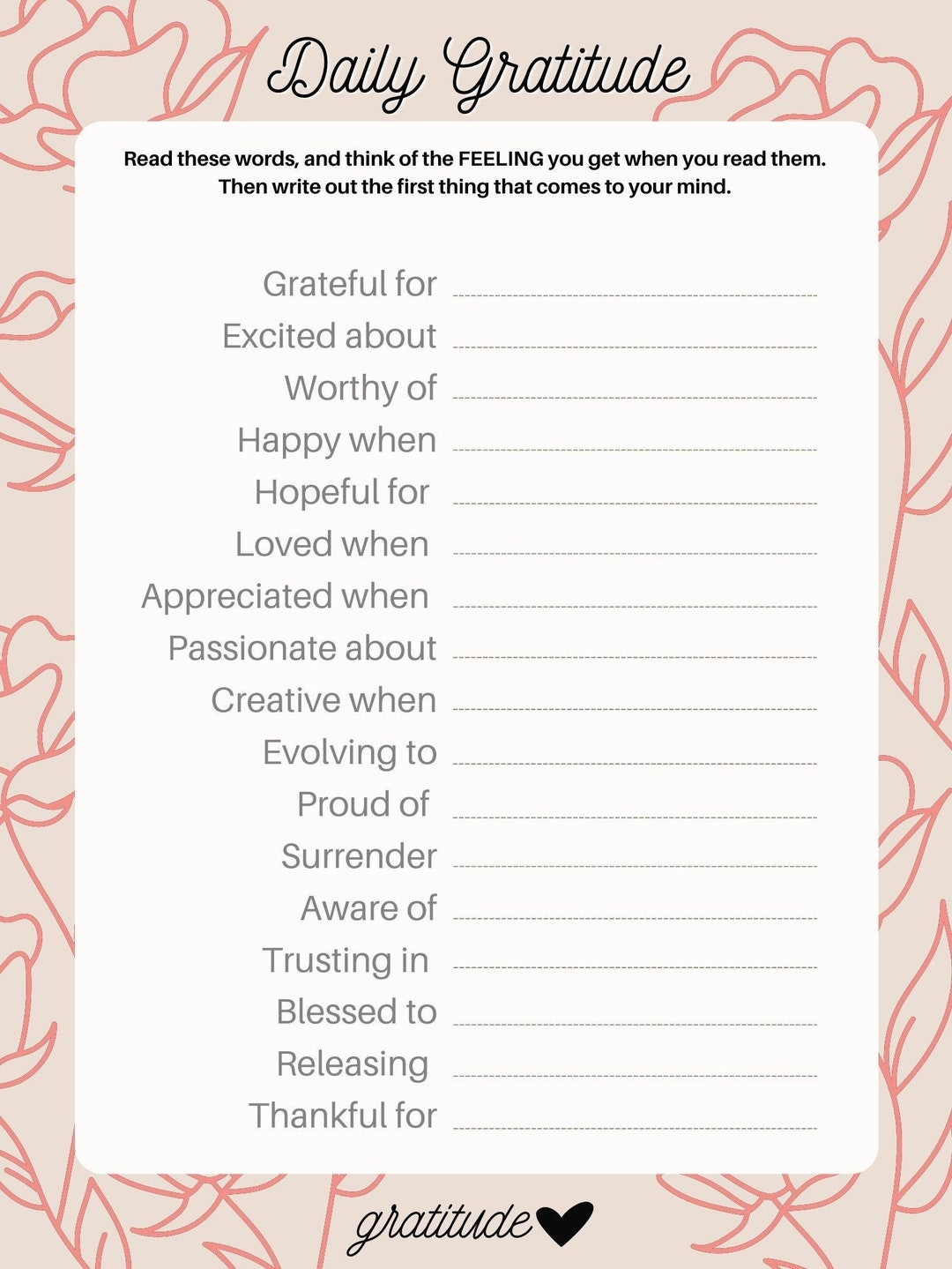 Gratitude Worksheet Daily Gratitude Page Self help Self improvement Positive Affirmations Etsy