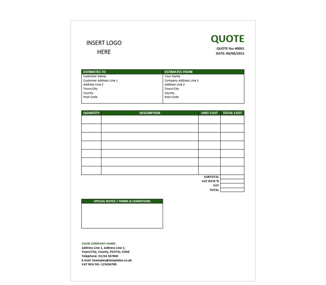 Green Downloadable Quote Template Printable Template Business Form Simple Quote Estimates Template Quotation Form Easy To Use Etsy