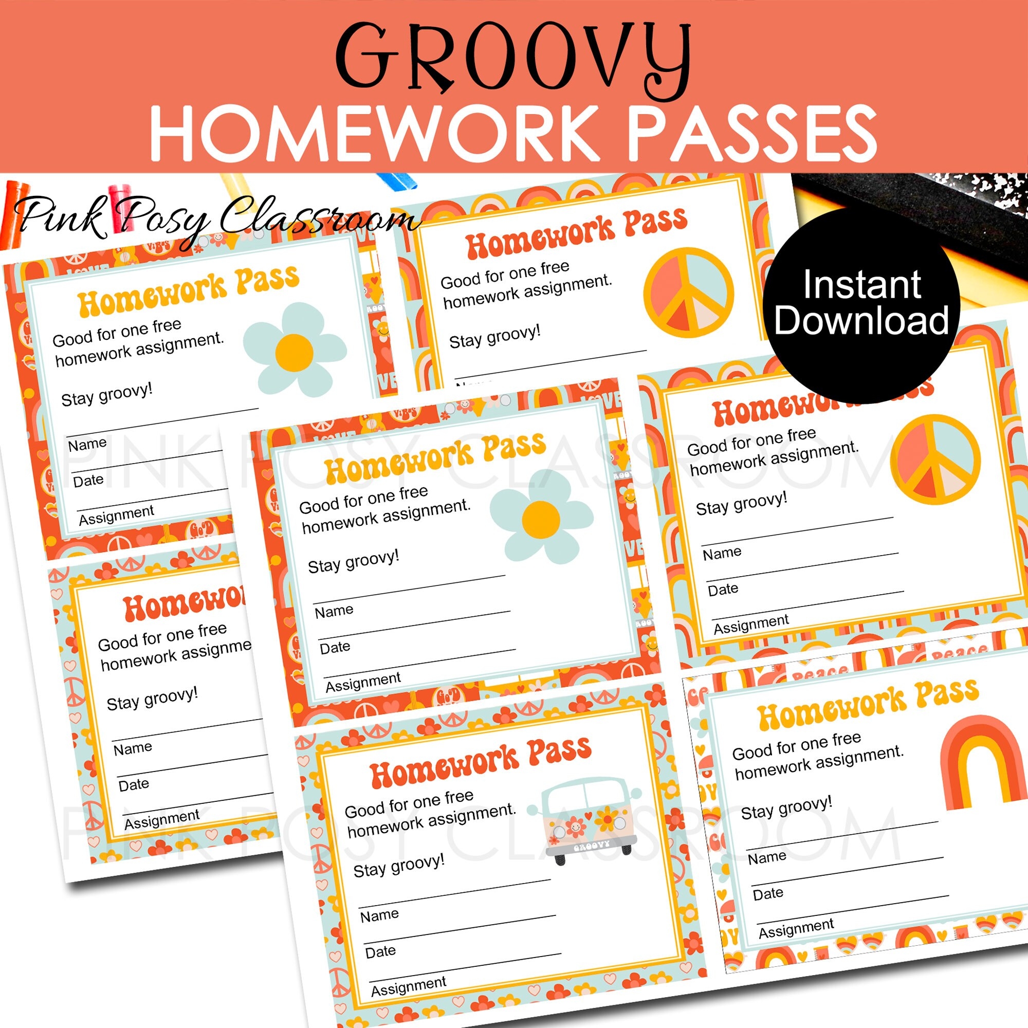 Groovy Homework Passes Classroom Managment Instant Download Teacher Resource Student Rewards Homework Template Retro 70s Printable Etsy
