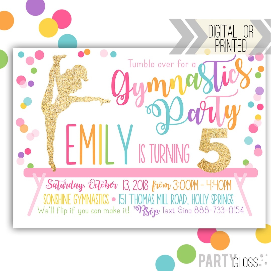 Gymnastics Invitation Digital Or Printed Gymnastics Printable Gymnastics Birthday Party Birthday Invitation Modern Gymnastics Etsy