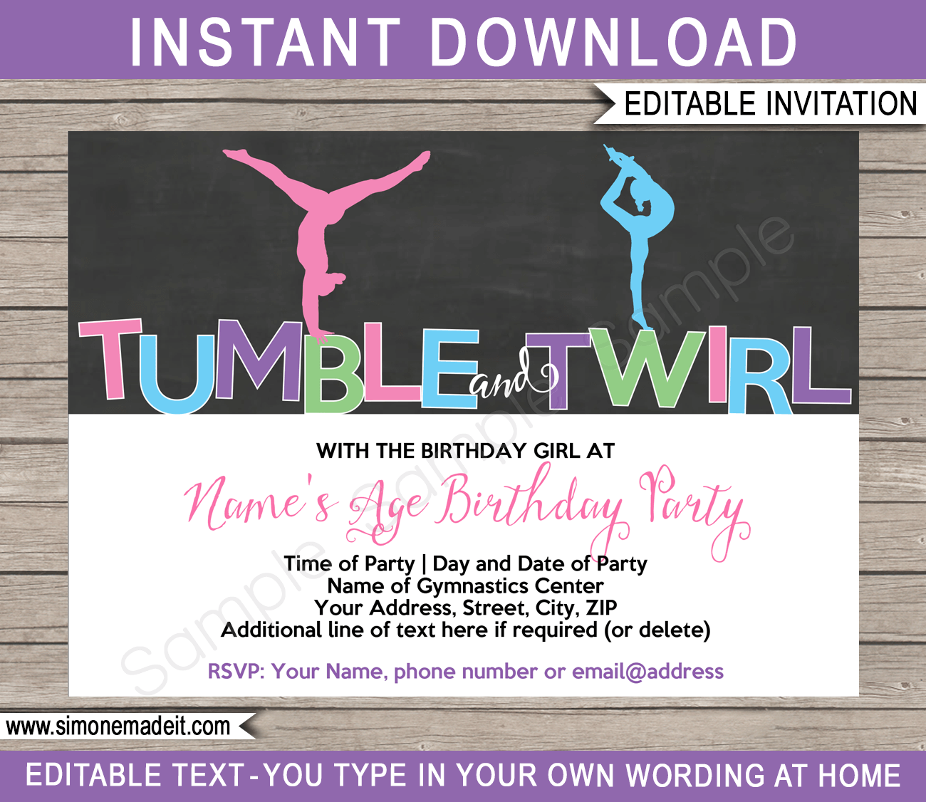 Gymnastics Party Invitations Template Printable Birthday Party Invite