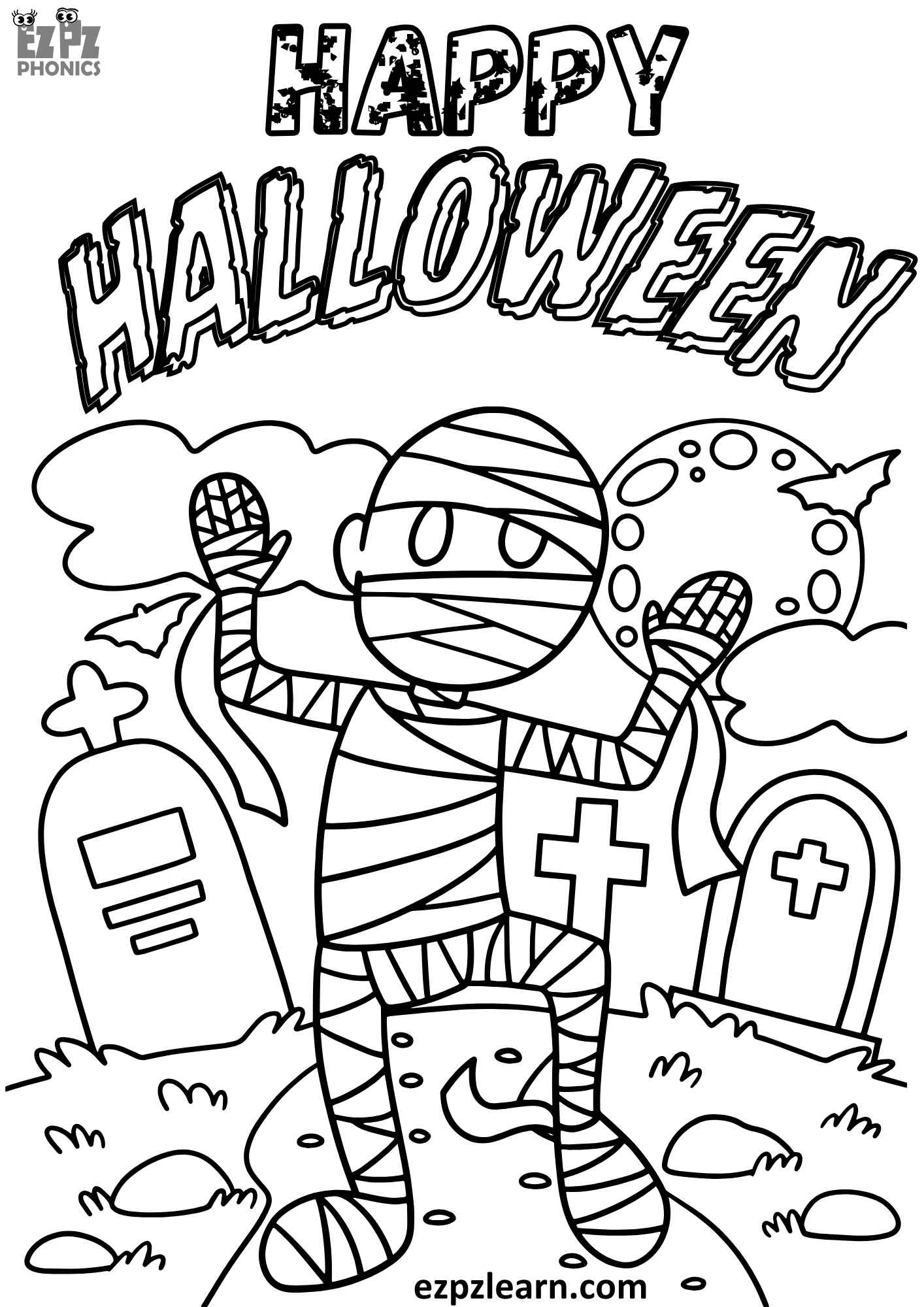 Happy Halloween Coloring Page Mummy Free Printable PDF Download Ezpzlearn