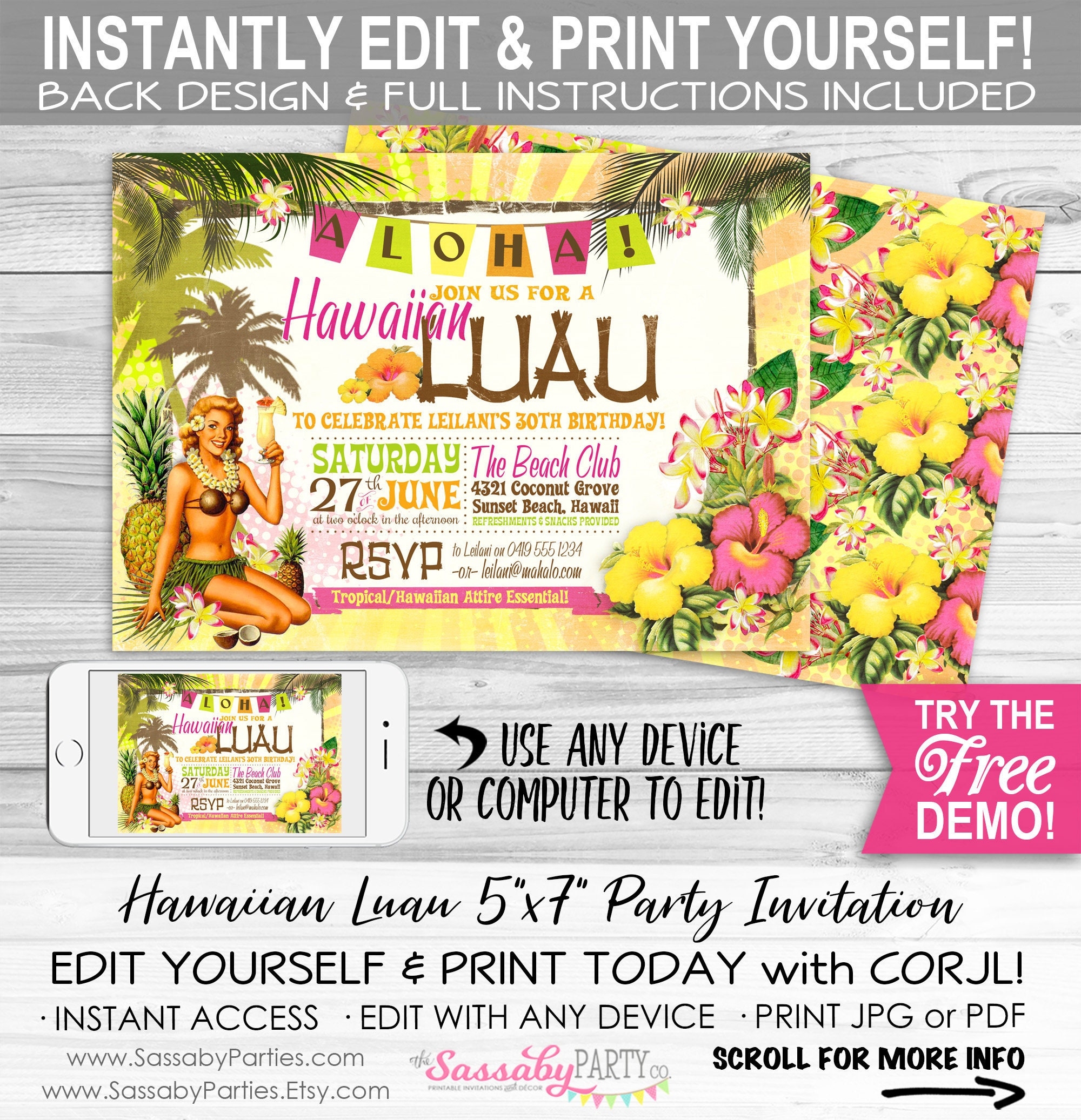 Hawaiian Luau Party Invitation INSTANT DOWNLOAD Edit Print Yourself Beach Tropical Summer Invite BBQ Birthday Pool Hawaii Surf Etsy